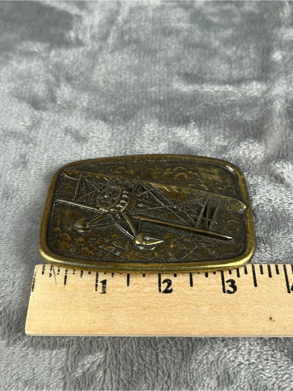 Vintage Brass ? Belt Buckle BiPlane Airplane By Avon Patina Retro 70s‎